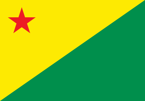 Bandeira do Acre: dois triângulos, amarelo e verde, com estrela vermelha