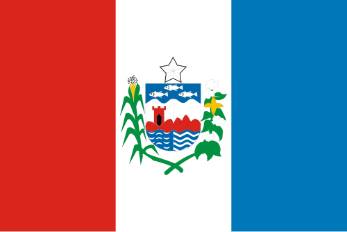 Bandeira de Alagoas: faixas vermelha, branca e azul com o brasão ao centro