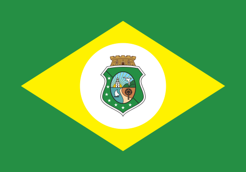 Bandeira do Ceará: retângulo verde, losango amarelo e círculo branco com o brasão