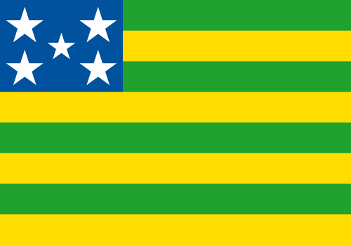 Bandeira de Goiás: oito listras verdes e amarelas e retângulo azul com cinco estrelas