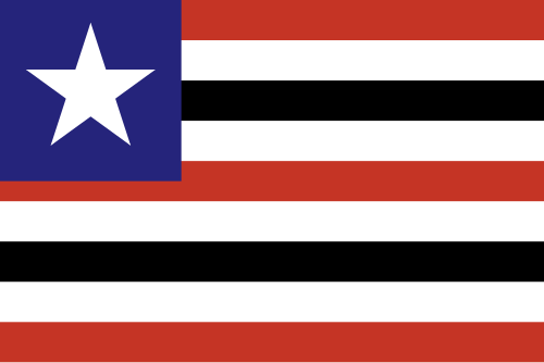 Bandeira do Maranhão: nove listas brancas, vermelhas e pretas e quadrado azul com estrela branca