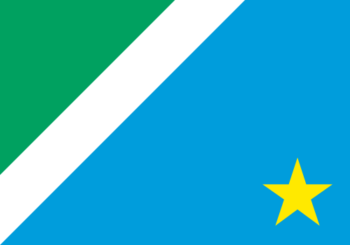 Bandeira de Mato Grosso do Sul: faixa branca diagonal entre triângulo verde e área azul com estrela dourada