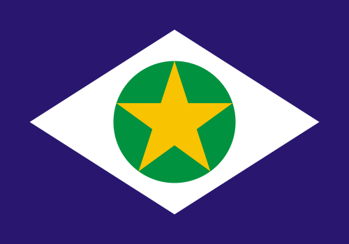 Bandeira de Mato Grosso: campo azul, losango branco e esfera verde com estrela amarela