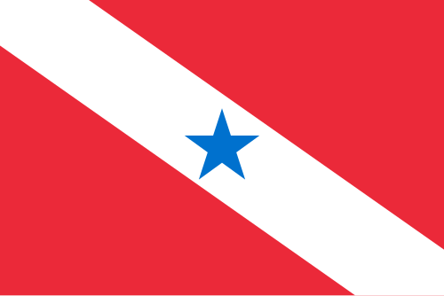 Bandeira do Pará: fundo vermelho, faixa branca diagonal e estrela azul