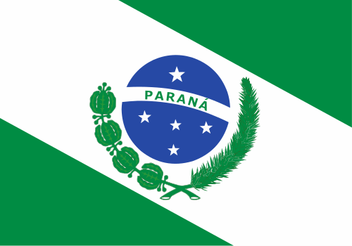 Bandeira do Paraná: fundo verde com faixa branca diagonal, esfera azul e cinco estrelas