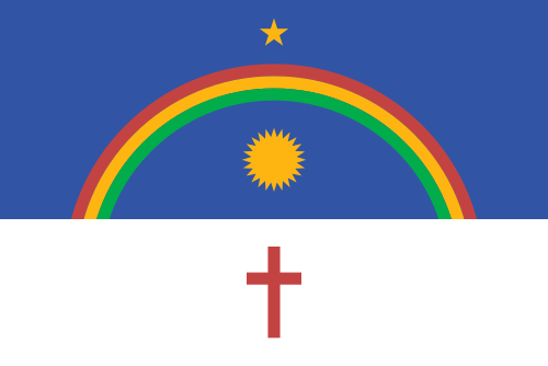 Bandeira de Pernambuco: arco-íris, estrela e sol sobre azul e cruz vermelha sobre branco