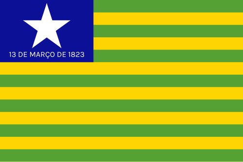 Bandeira do Piauí: treze faixas verdes e amarelas e retângulo azul com estrela e data