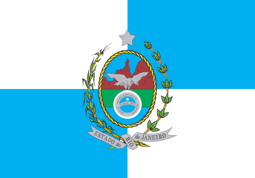 Bandeira do Rio de Janeiro: xadrez de branco e azul-celeste com o brasão ao centro