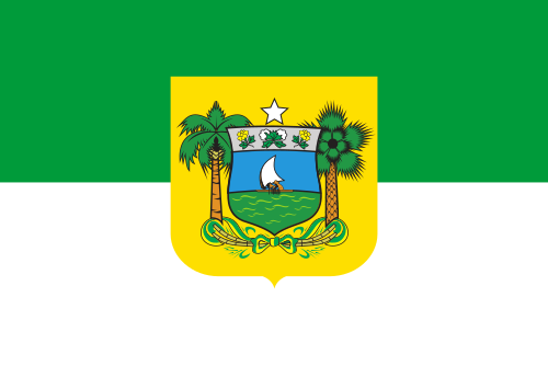 Bandeira do Rio Grande do Norte: metades verde e branca com escudo amarelo e brasão