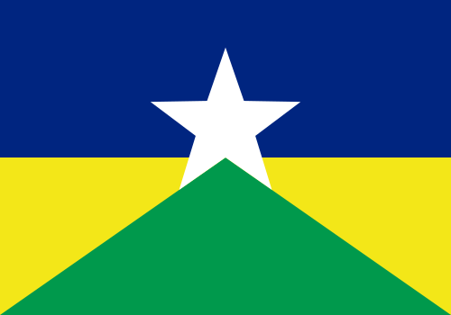 Bandeira de Rondônia: metade azul, triângulo verde entre polígonos amarelos e estrela branca