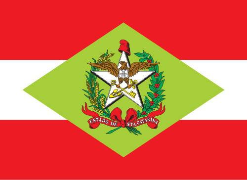 Bandeira de Santa Catarina: faixas vermelhas e branca com losango verde e armas ao centro