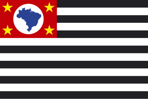 Bandeira de São Paulo: treze listras pretas e brancas e cantão vermelho com mapa do Brasil e quatro estrelas