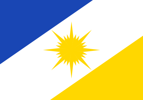 Bandeira do Tocantins: triângulos azul e amarelo, faixa branca e sol amarelo