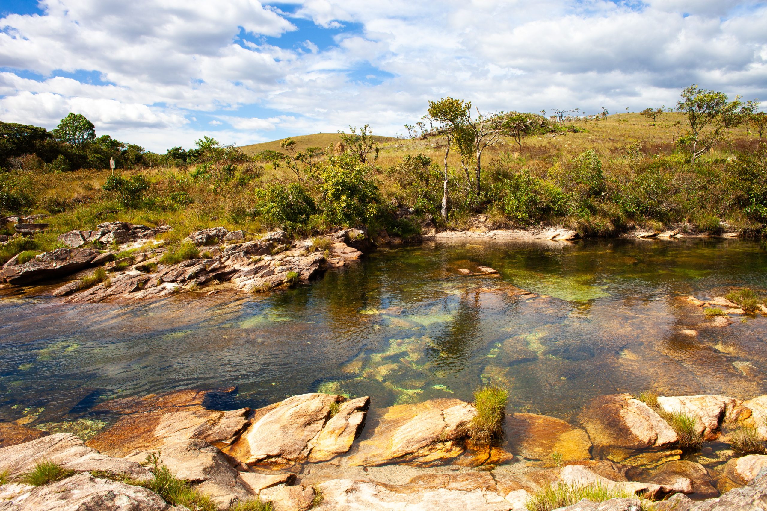 Rio cercado por vegetação do Cerrado, paisagem típica do interior do Estado de Mato Grosso